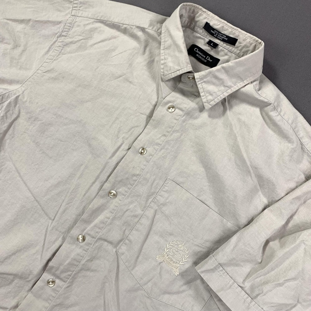 Christian Dior Shirt Mens LG Light Gray Monsieur‎ Short Sleeve Crest Logo Pocket